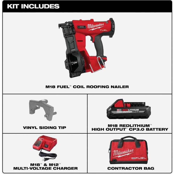 Image of Milwaukee M18 FUEL Brushless Cordless Coil Roofing Nailer Kit with 3.0 Ah Battery & Charger