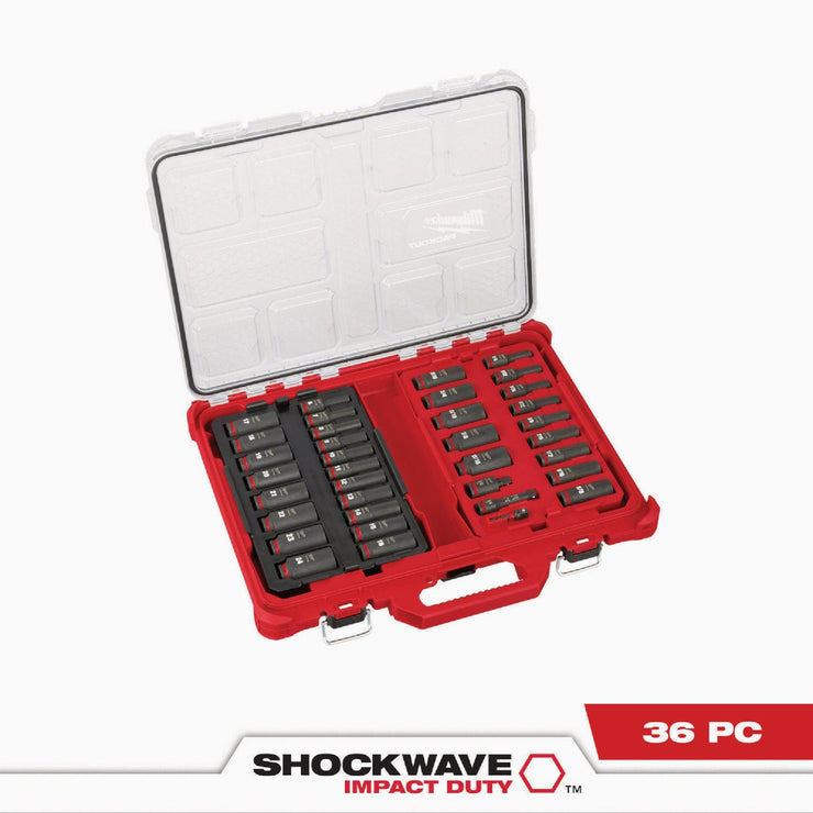 Image of Milwaukee SHOCKWAVE Standard/Metric 3/8 In. Drive 6-Point Deep Impact Driver Set with PACKOUT Organizer (36-Piece)