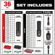 Image of Milwaukee SHOCKWAVE Standard/Metric 3/8 In. Drive 6-Point Deep Impact Driver Set with PACKOUT Organizer (36-Piece)