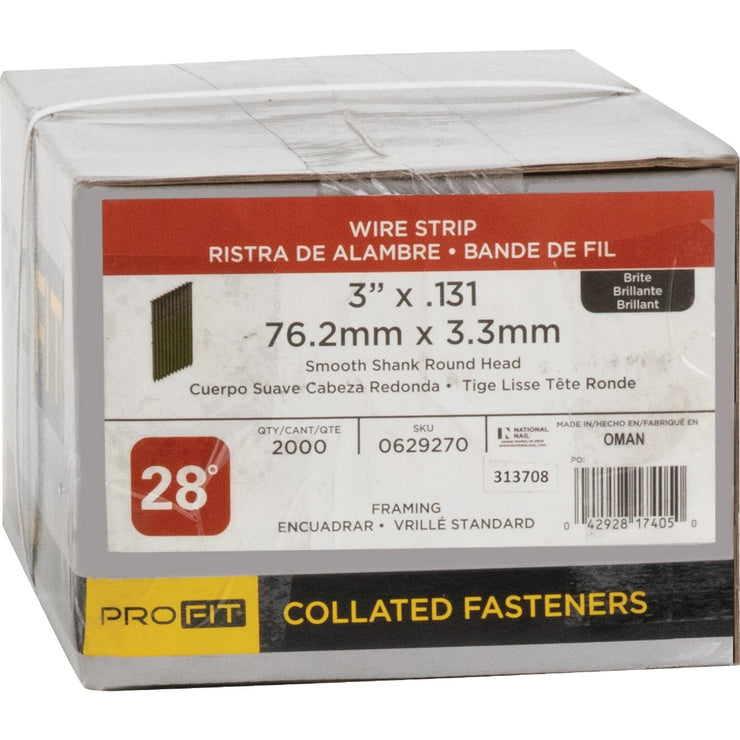 Image of Pro-Fit 3 In. x .131 In. 28 Degree Wire Strip Smooth Shank Round Head Brite Collated Stick Nails (2000 Ct.)
