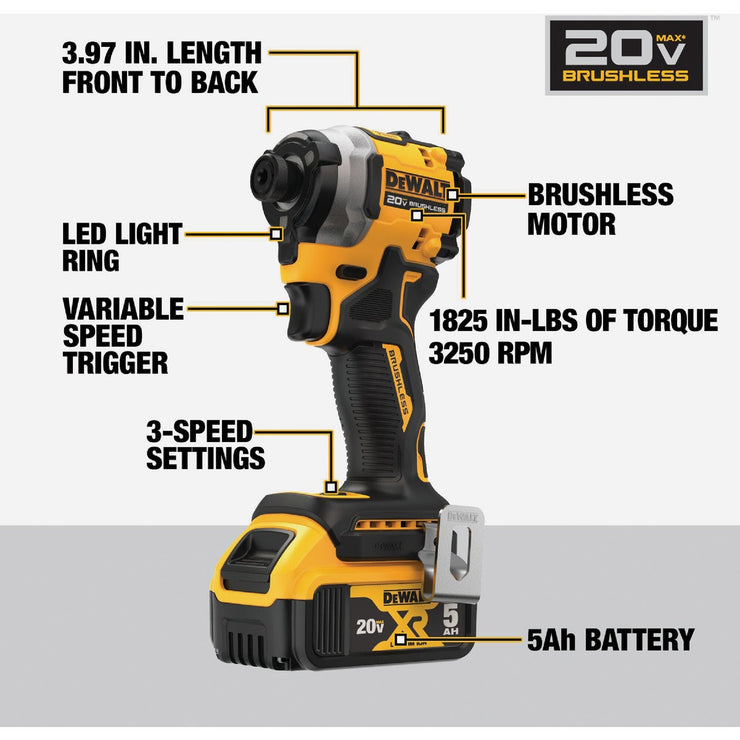 Image of DEWALT ATOMIC 20V MAX Brushless 1/4 In. Cordless Impact Driver Kit with 5.0 Ah Battery & Charger