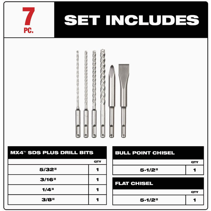 Image of Milwaukee 6-Piece SDS Plus MX4 4-Cutter & Chisel Kit