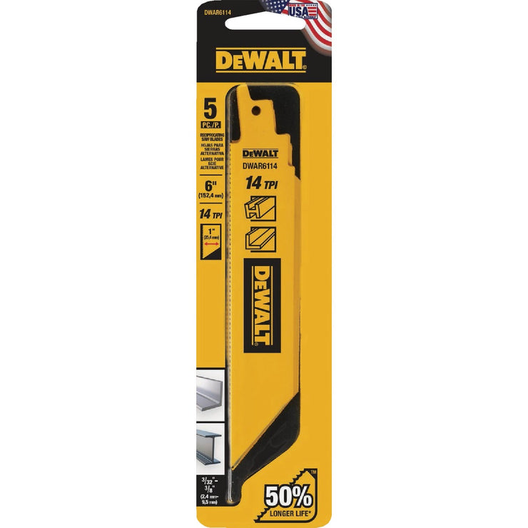 Image of DEWALT 6 In. 14 TPI Bi-Metal Heavy Metal Reciprocating Saw Blade (5-Pack)