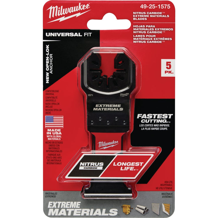 Image of Milwaukee NITRUS CARBIDE 1-3/8 In. Extreme Materials Universal Fit OPEN-LOK Oscillating Blade (5-Pack)