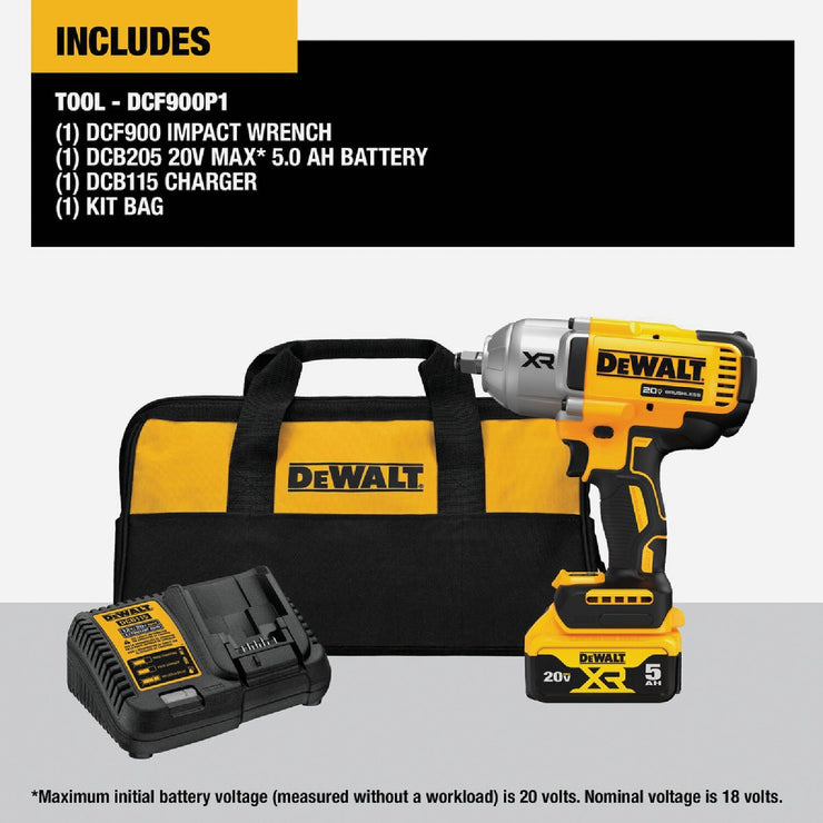 Image of DEWALT 20V MAX XR Brushless 1/2 In. High Torque Cordless Impact Wrench Kit with Hog Ring Anvil & 5.0 Ah Battery & Charger