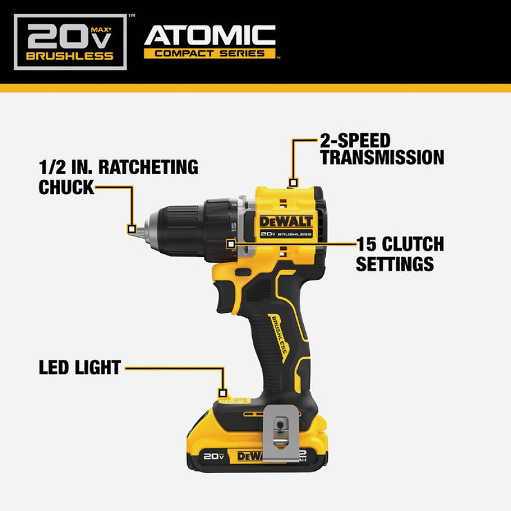 Image of DEWALT ATOMIC 20V MAX Brushless 1/2 In. Compact Cordless Drill/Driver Kit with 2.0 Ah Battery & Charger