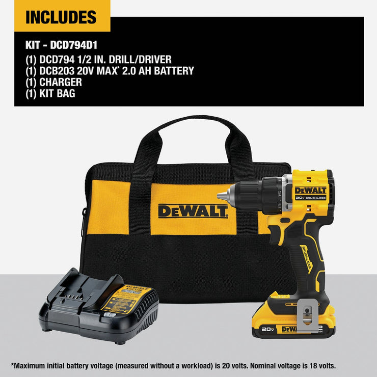 Image of DEWALT ATOMIC 20V MAX Brushless 1/2 In. Compact Cordless Drill/Driver Kit with 2.0 Ah Battery & Charger