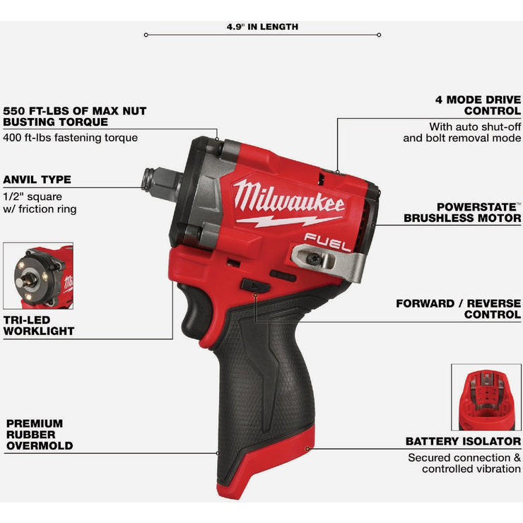 Image of Milwaukee M12 FUEL Brushless 1/2 In. Stubby Cordless Impact Wrench (Tool Only)