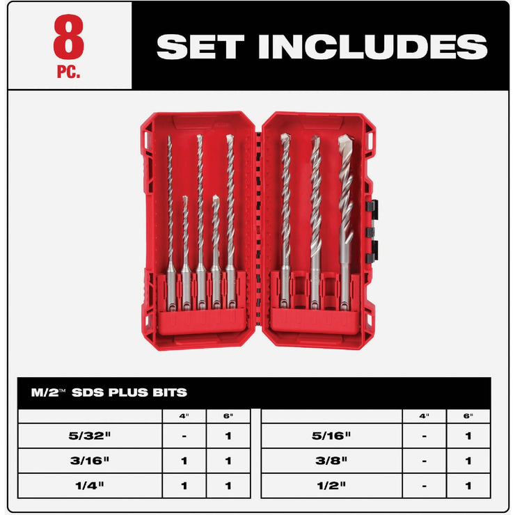 Image of Milwaukee 8-Piece SDS Plus M/2 2-Cutter Drill Bit Kit