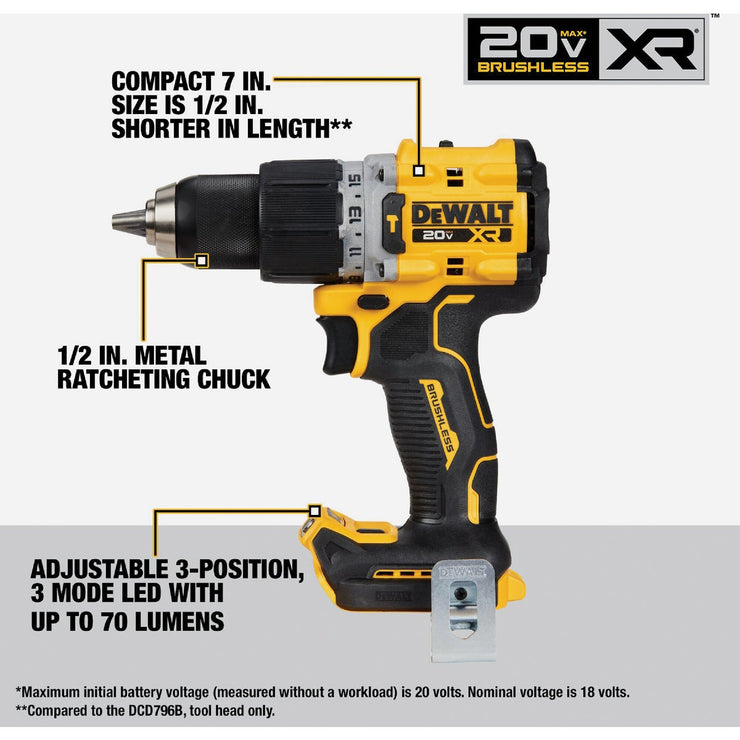 Image of DEWALT 20V MAX XR Lithium-Ion Brushless 1/2 In. Compact Cordless Hammer Drill (Tool Only)