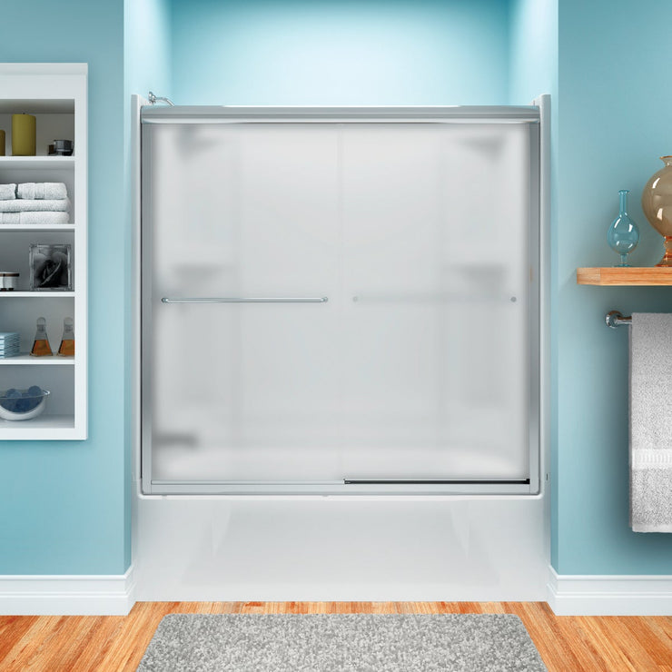 Image of Sterling Finesse 59-5/8 In. W X 55-3/4 In. H Chrome Semi-Frameless Frosted Glass Sliding Tub Door