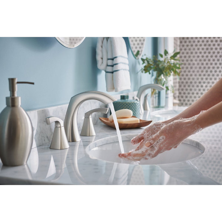 Image of Moen Lindor 2-Handle Lever Widespread Bathroom Faucet, Spot Resist Brushed Nickel
