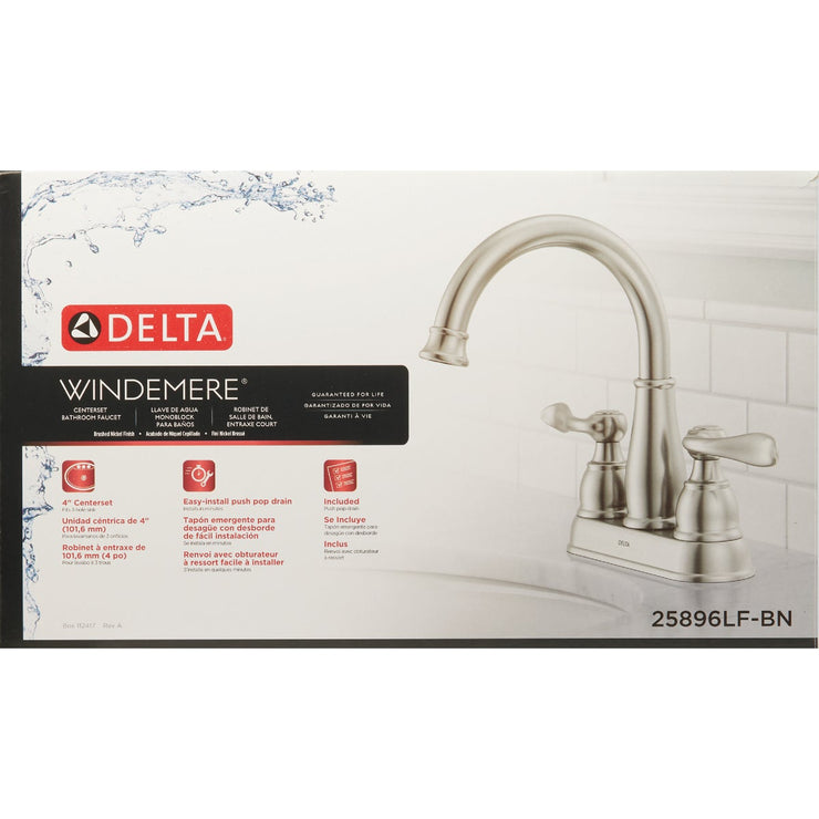Image of Delta Windmere Brushed Nickel 2-Handle Lever 4 In. Centerset Bathroom Faucet and Push Pop-Up with Overflow