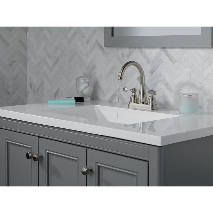 Image of Delta Windmere Brushed Nickel 2-Handle Lever 4 In. Centerset Bathroom Faucet and Push Pop-Up with Overflow