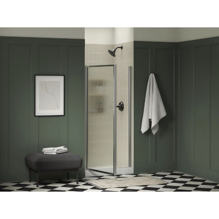 Image of Sterling 32-3/4 In. - 34-1/4 In. W x 65 In. H Silver Standard Rain Textured Glass Pivot Shower Door