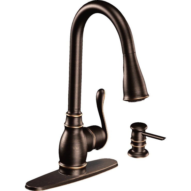 Image of Moen Anabelle 1-Handle Lever Pull-Down Kitchen Faucet with Soap Dispenser, Mediterranean Bronze