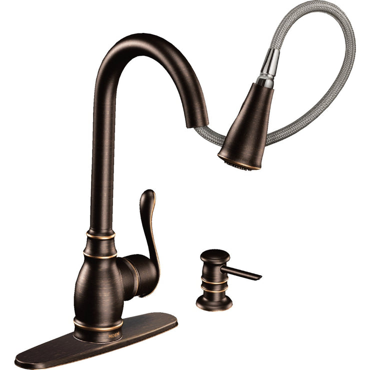 Image of Moen Anabelle 1-Handle Lever Pull-Down Kitchen Faucet with Soap Dispenser, Mediterranean Bronze