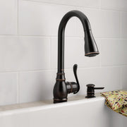 Image of Moen Anabelle 1-Handle Lever Pull-Down Kitchen Faucet with Soap Dispenser, Mediterranean Bronze