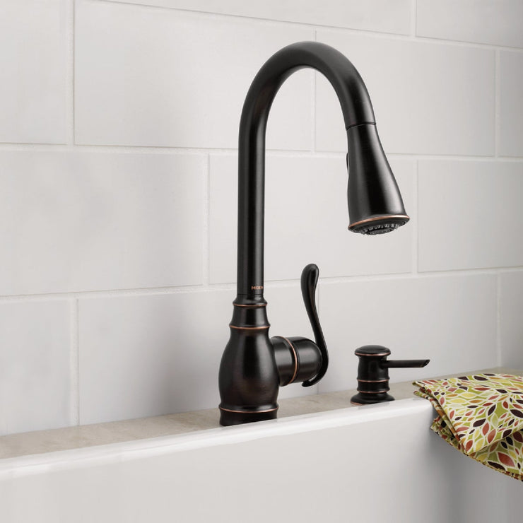 Image of Moen Anabelle 1-Handle Lever Pull-Down Kitchen Faucet with Soap Dispenser, Mediterranean Bronze