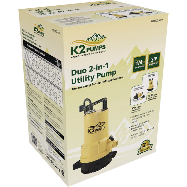 Image of K2 1/4 HP 2-In-1 Submersible Utility & Transfer Pump