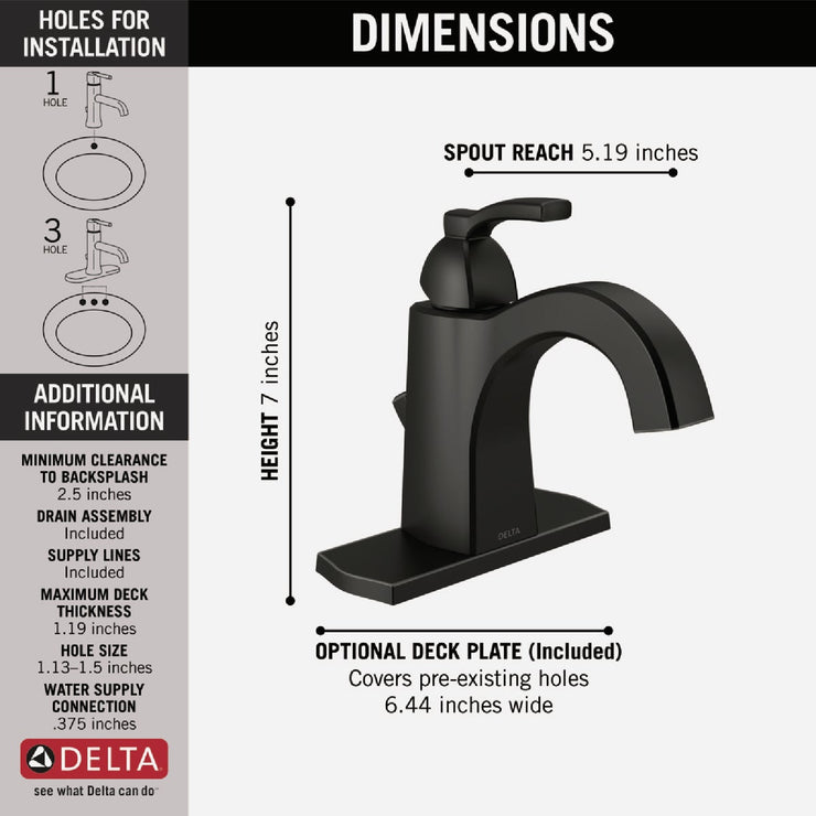 Image of Delta Flynn Matte Black 1-Handle Lever Centerset Bathroom Faucet with Pop-Up