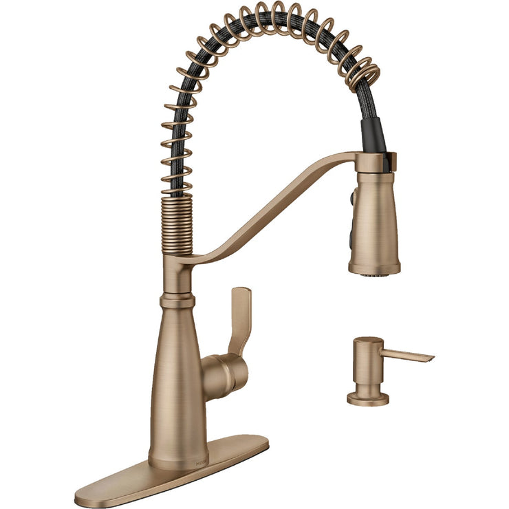 Image of Moen Nolia 1-Handle Pull-Down Widespread Kitchen Faucet, Bronzed Gold