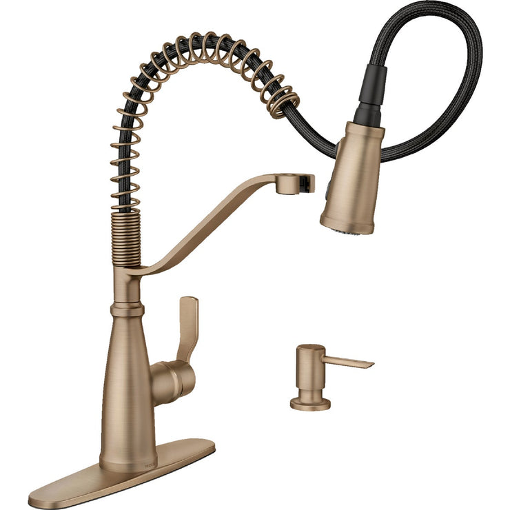Image of Moen Nolia 1-Handle Pull-Down Widespread Kitchen Faucet, Bronzed Gold