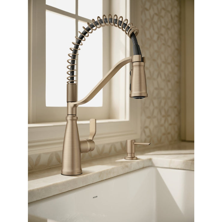 Image of Moen Nolia 1-Handle Pull-Down Widespread Kitchen Faucet, Bronzed Gold