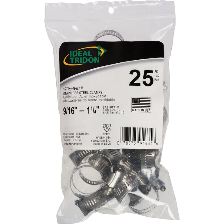 Image of Ideal HY-GEAR 1/2 In. To 1-1/4 In. Stainless Steel Worm Gear Hose Clamps (25-Piece)
