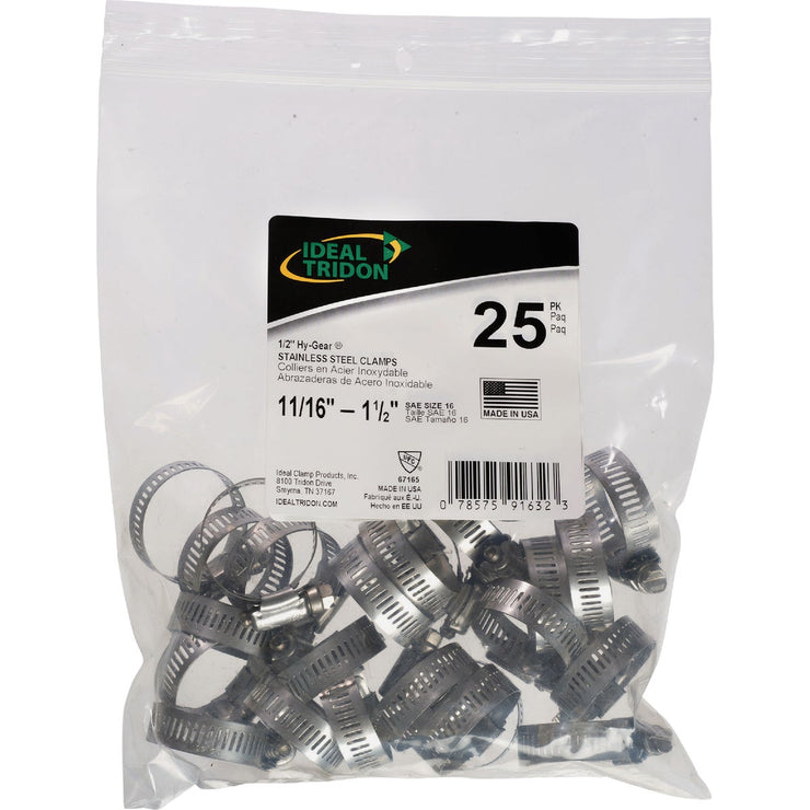 Image of Ideal HY-GEAR 11/16 In. To 1-1/2 In. Stainless Steel Worm Gear Hose Clamps (25-Piece)