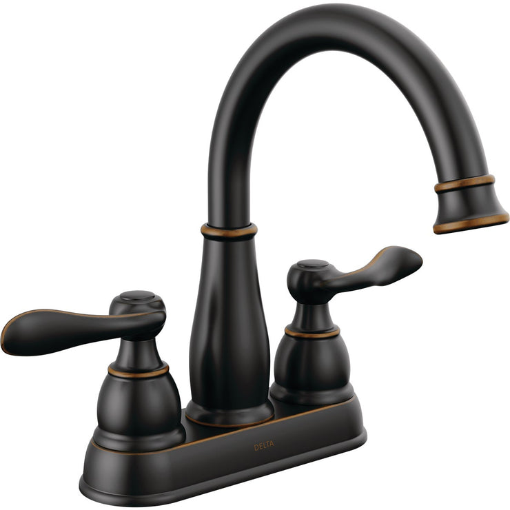 Image of Delta Windmere Oil Rubbed Bronze 2-Handle Lever 4 In. Centerset Bathroom Faucet and Push Pop-Up with Overflow