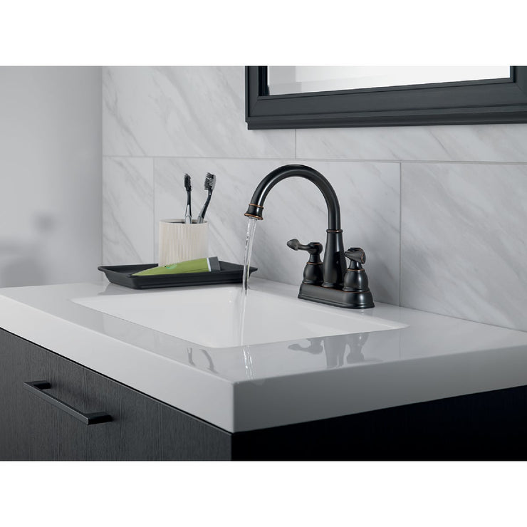 Image of Delta Windmere Oil Rubbed Bronze 2-Handle Lever 4 In. Centerset Bathroom Faucet and Push Pop-Up with Overflow