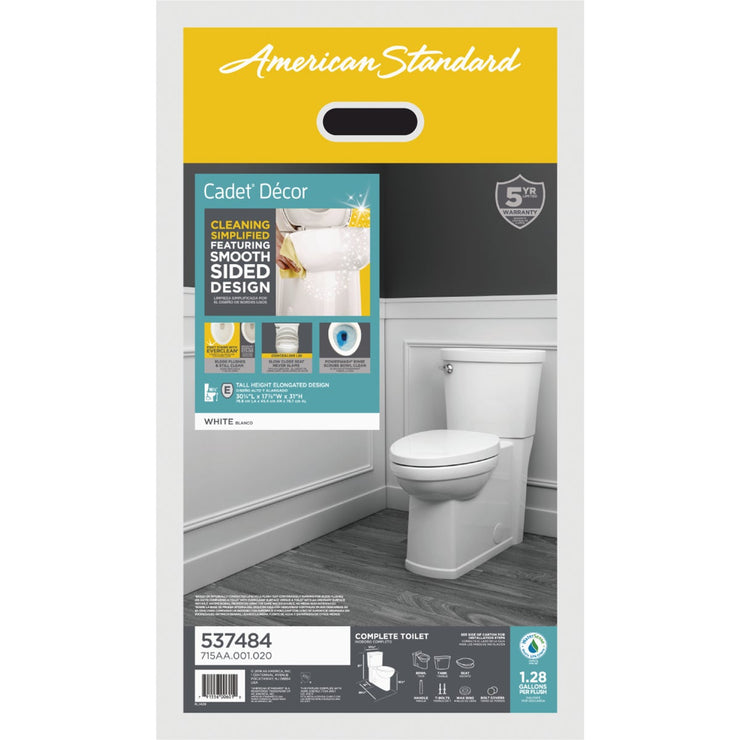 Image of American Standard Cadet 3 Decor White Chair Height Elongated Bowl 1.28 GPF Toilet