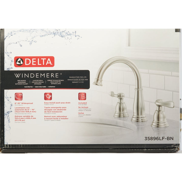 Image of Delta Windmere Brushed Nickel 2-Handle Lever 6 In. to 16 In. Widespread Bathroom Faucet  and Push Pop-Up with Overflow