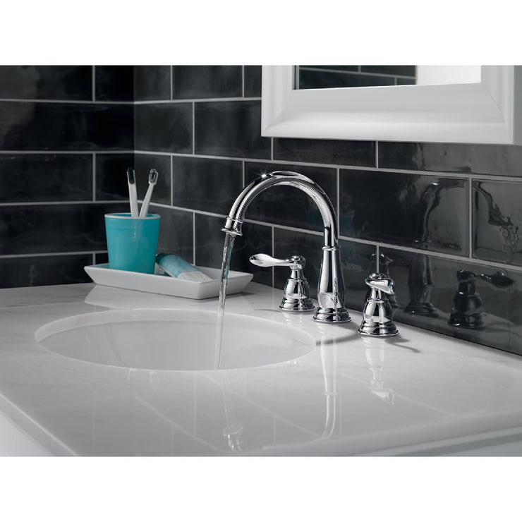 Image of Delta Windmere Chrome 2-Handle Lever 6 In. to 16 In. Widespread Bathroom Faucet and Push Pop-Up with Overflow