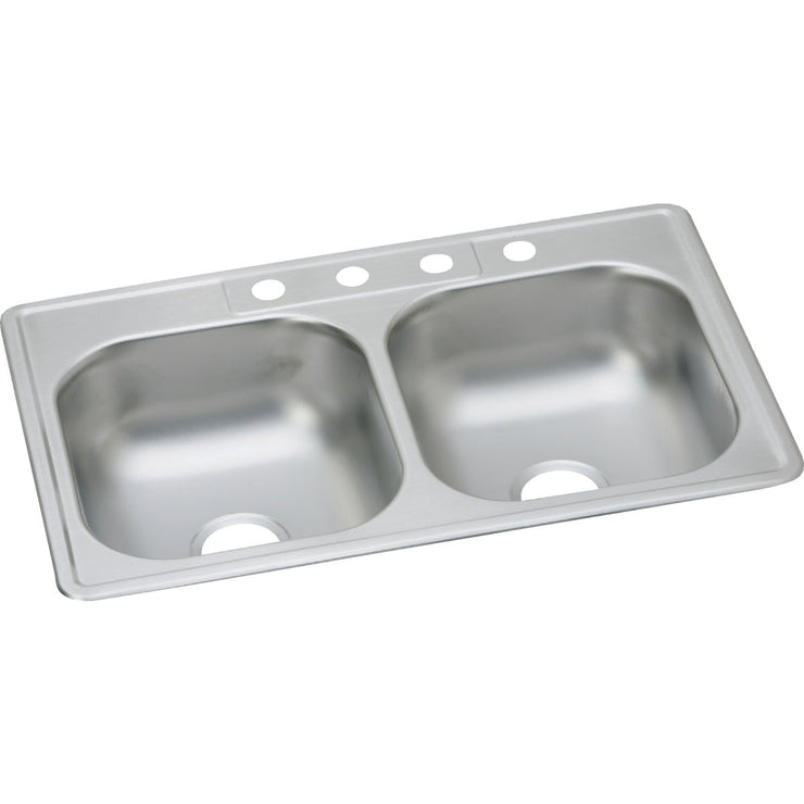 Image of Elkay Dayton 33 In. x 22 In. x 7-1/16 In. 4-Hole Equal Double Bowl Drop-In Kitchen Sink, Stainless Steel