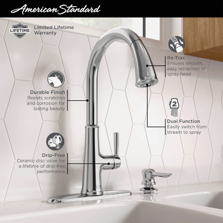 Image of American Standard Maven 1-Handle Lever Pull-Down Kitchen Faucet with Soap Dispenser, Chrome