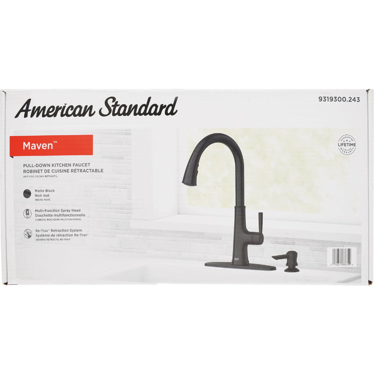 Image of American Standard Maven 1-Handle Lever Pull-Down Kitchen Faucet with Soap Dispenser, Matte Black