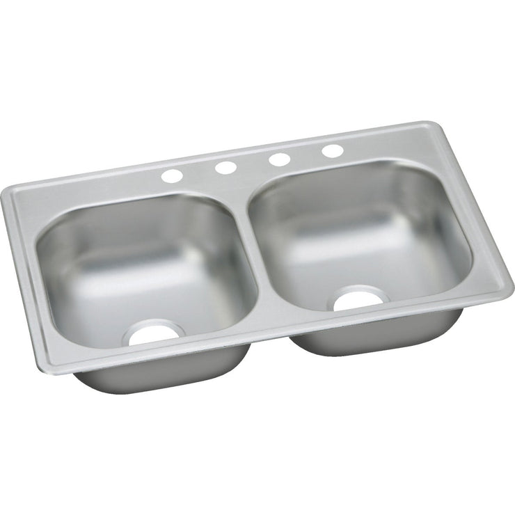 Image of Elkay Dayton 33 In. x 19 In. x 6-7/16 In. 4-Hole Equal Double Bowl Drop-In Kitchen Sink, Stainless Steel