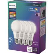 Image of Philips 60W Equivalent 5 CCT A19 Medium Dimmable LED Light Bulb (4-Pack)