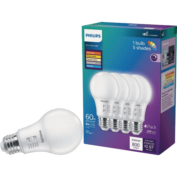 Image of Philips 60W Equivalent 5 CCT A19 Medium Dimmable LED Light Bulb (4-Pack)