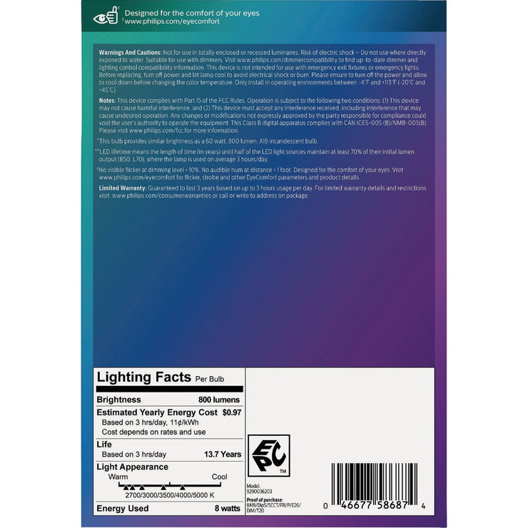 Image of Philips 60W Equivalent 5 CCT A19 Medium Dimmable LED Light Bulb (4-Pack)