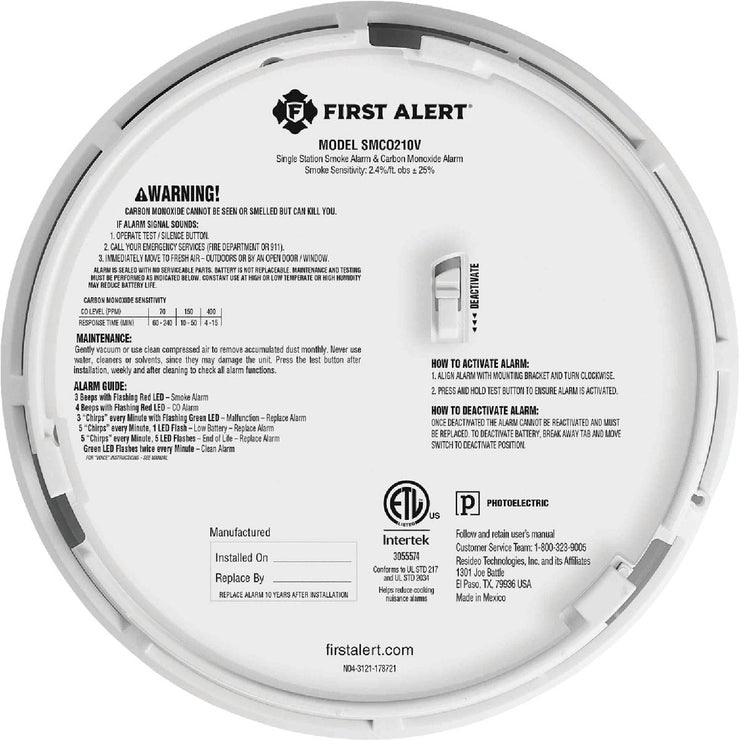 Image of First Alert 2-In-1 10-Year Battery Photoelectric Smoke & Carbon Monoxide Alarm with Voice Alerts