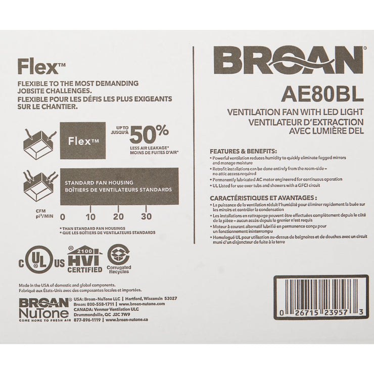 Image of Broan-NuTone Flex Series 80 CFM 1.2 Sones 120V Ventilation Fan with LED Light