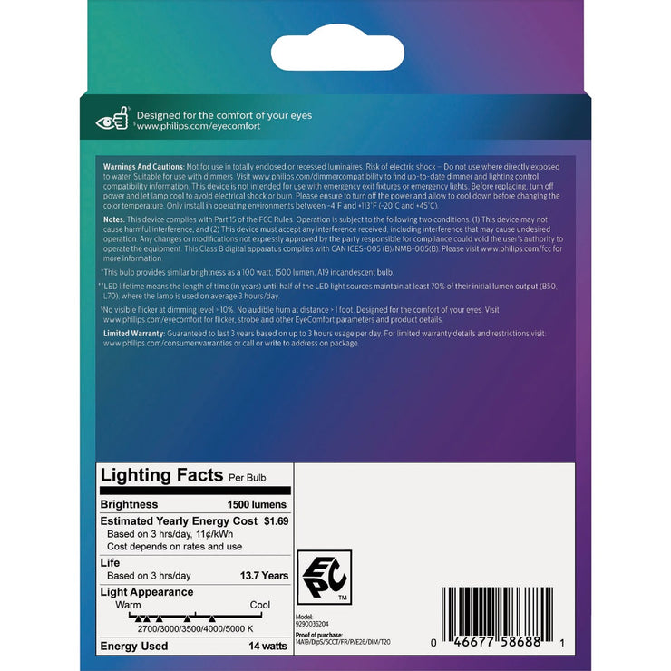 Image of Philips 100W Equivalent 5 CCT A19 Medium Dimmable LED Light Bulb (2-Pack)