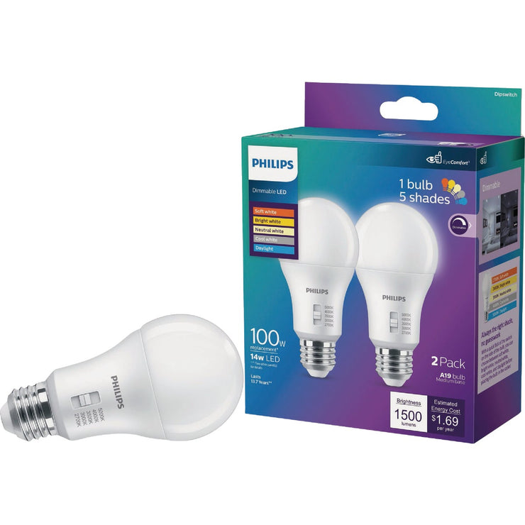 Image of Philips 100W Equivalent 5 CCT A19 Medium Dimmable LED Light Bulb (2-Pack)