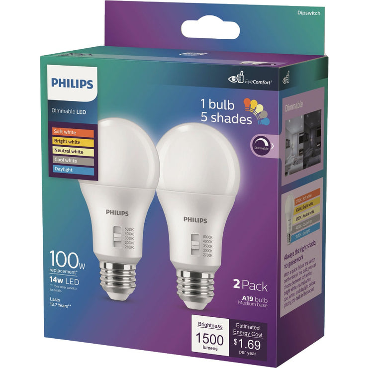 Image of Philips 100W Equivalent 5 CCT A19 Medium Dimmable LED Light Bulb (2-Pack)