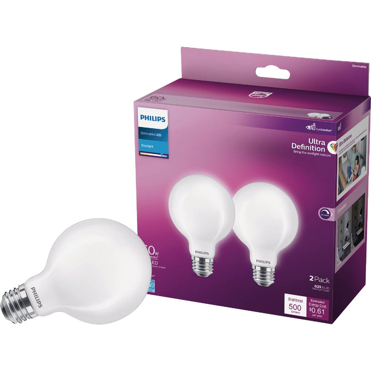 Image of Philips Ultra Definition 60W Equivalent Daylight G25 Medium Frosted LED Decorative Light Bulb (2-Pack)