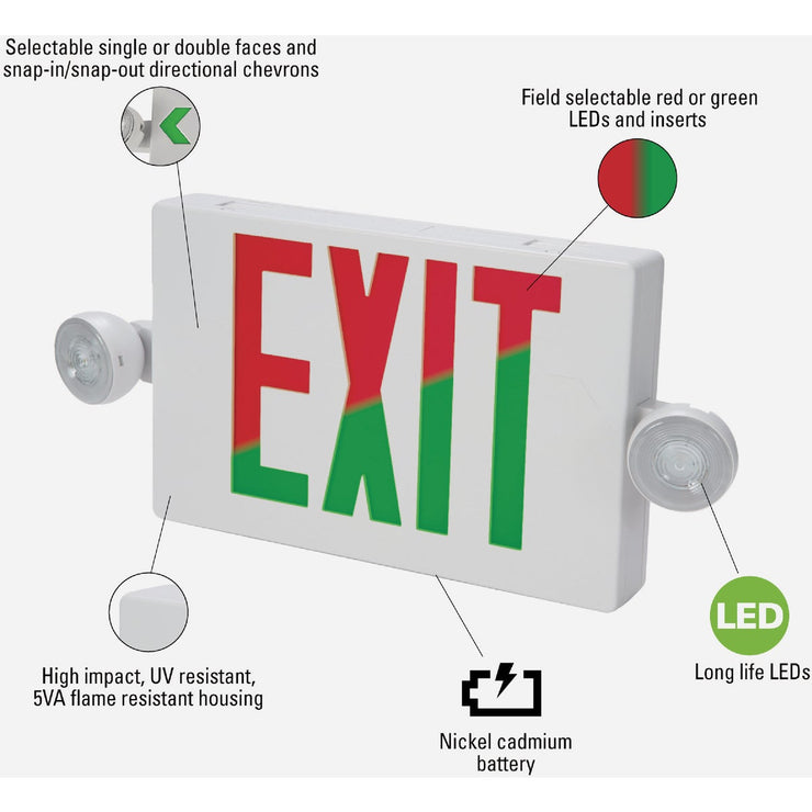 Image of Sure-Lites Red/Green Selectable Lettering Polycarbonate LED Emergency Light & Exit Sign