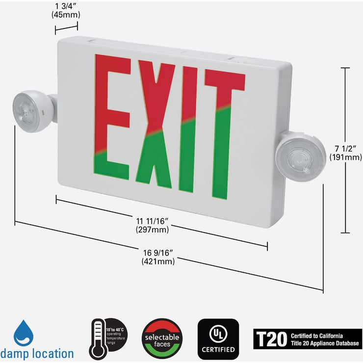 Image of Sure-Lites Red/Green Selectable Lettering Polycarbonate LED Emergency Light & Exit Sign